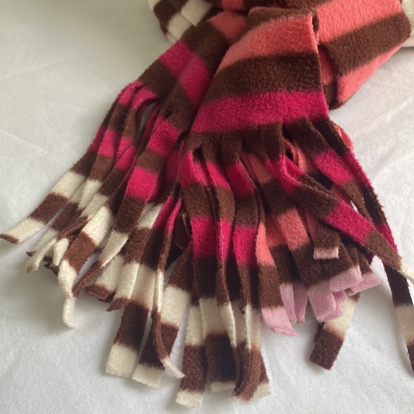 OLD NAVY Pink Brown Cream Stripped Fleece Scarf with Fringes  Sz 10”x 68 - Picture 3 of 9